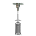 Silver steel propane patio heater with a cylindrical base and a wide reflector dome, isolated on a white background.