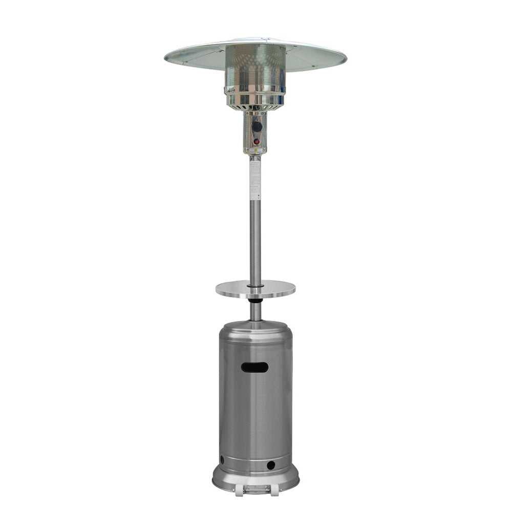 Silver steel propane patio heater with a cylindrical base and a wide reflector dome, isolated on a white background.