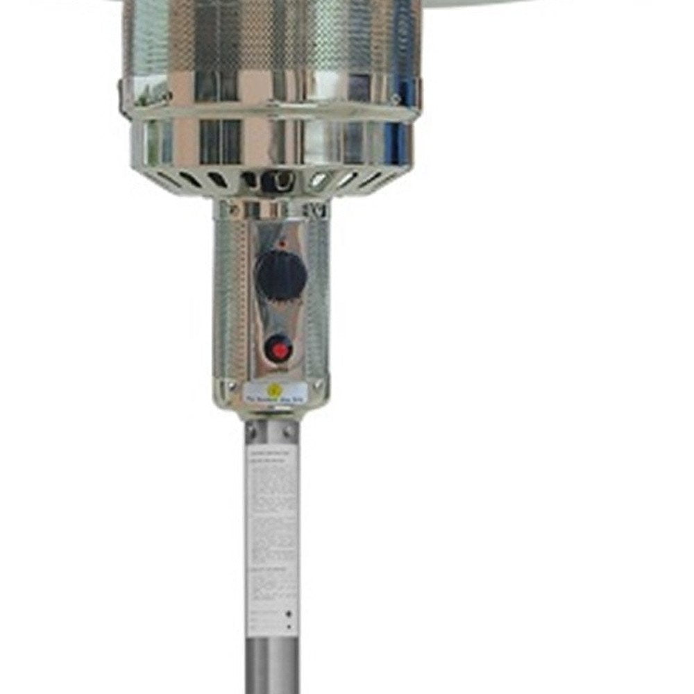 48000 BTU Silver Steel Propane Cylindrical Pole Standing Patio Heater - SKU 480565. Outdoor heater isolated on a plain white background, showing a silver metal surface.