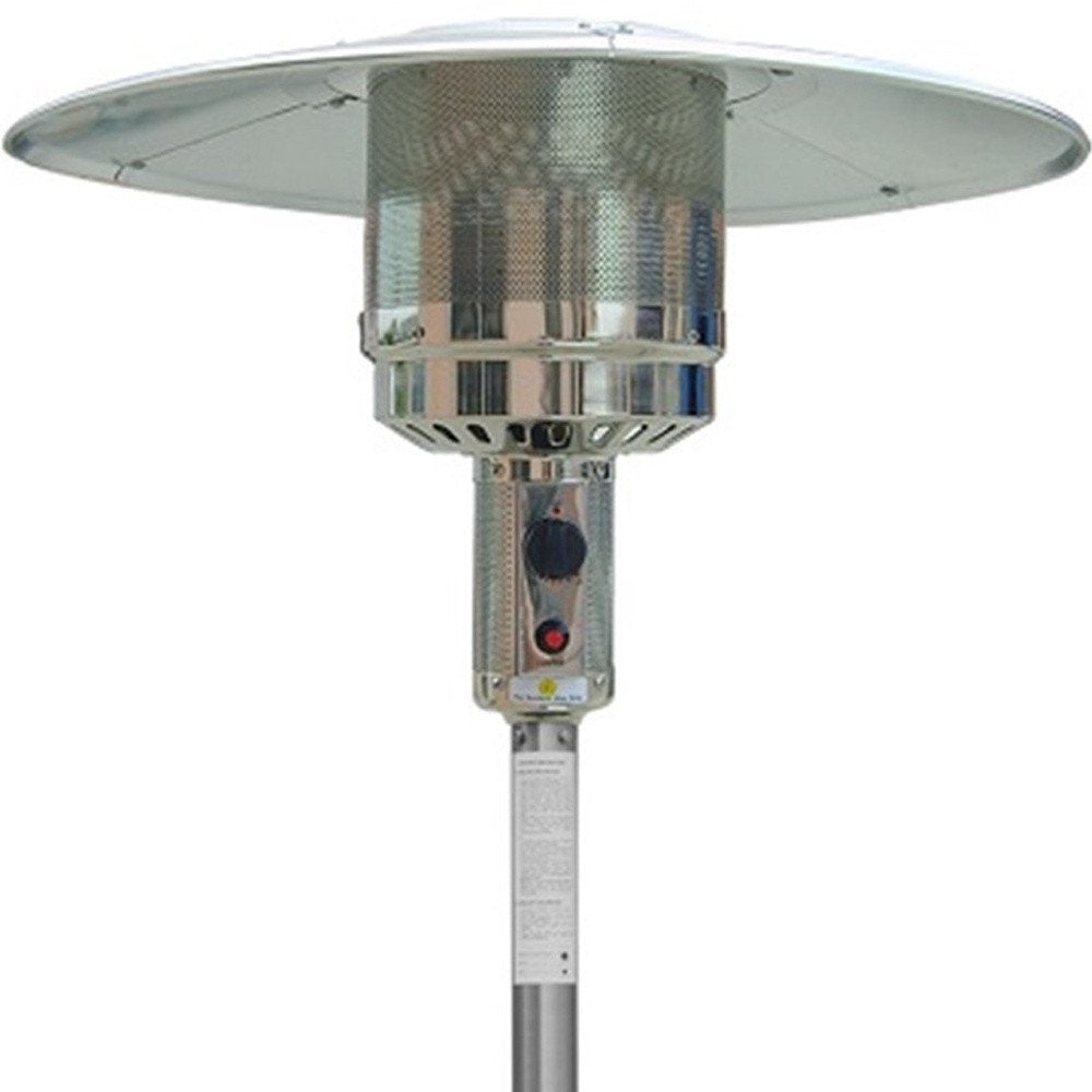 48000 BTU Silver Steel Propane Cylindrical Pole Standing Patio Heater - SKU 480565. Outdoor heater isolated on a plain white background, in a silver metal finish.