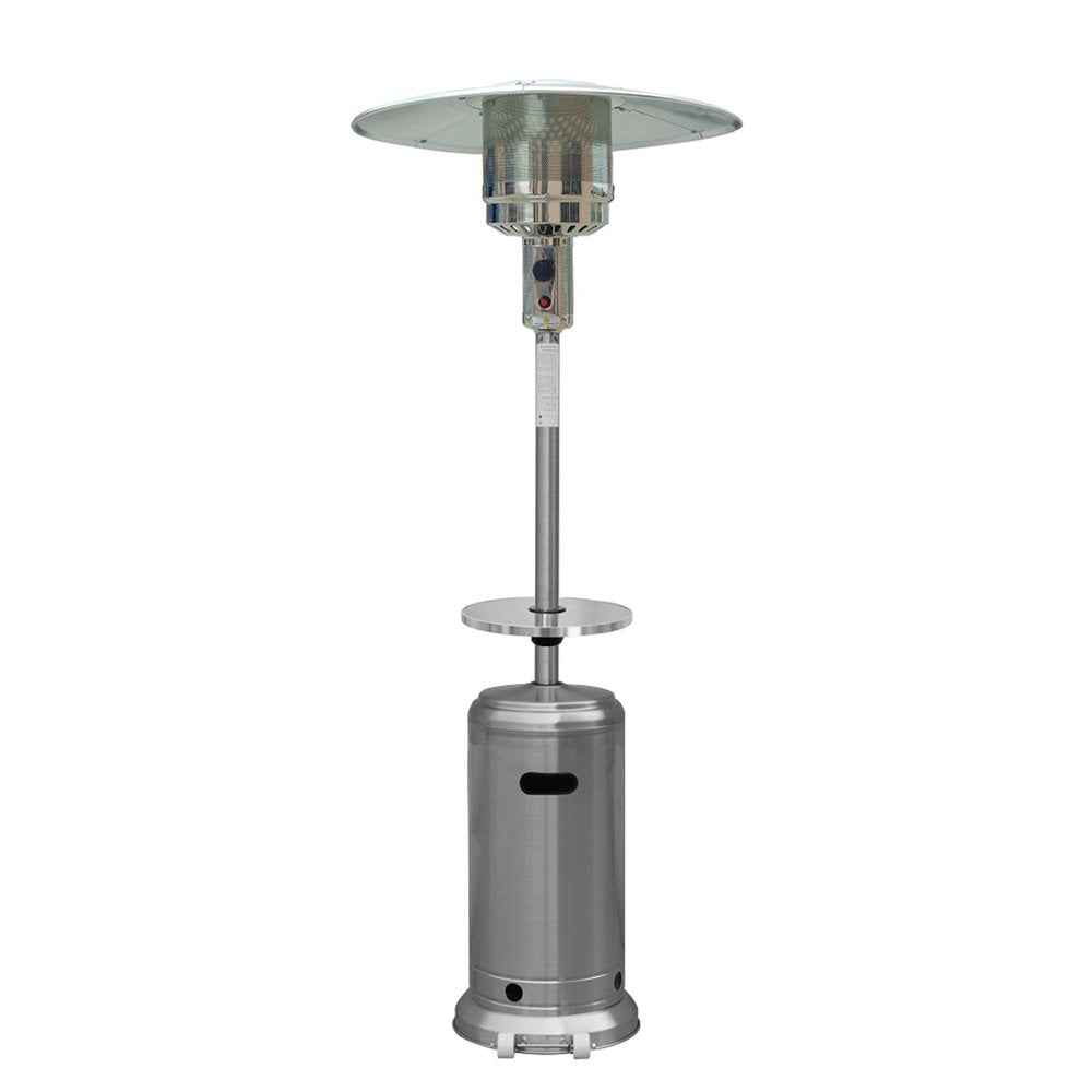 48000 BTU Silver Steel Propane Cylindrical Pole Standing Patio Heater - SKU 480565. Outdoor heater isolated on a plain white background, showing a silver metal surface.
