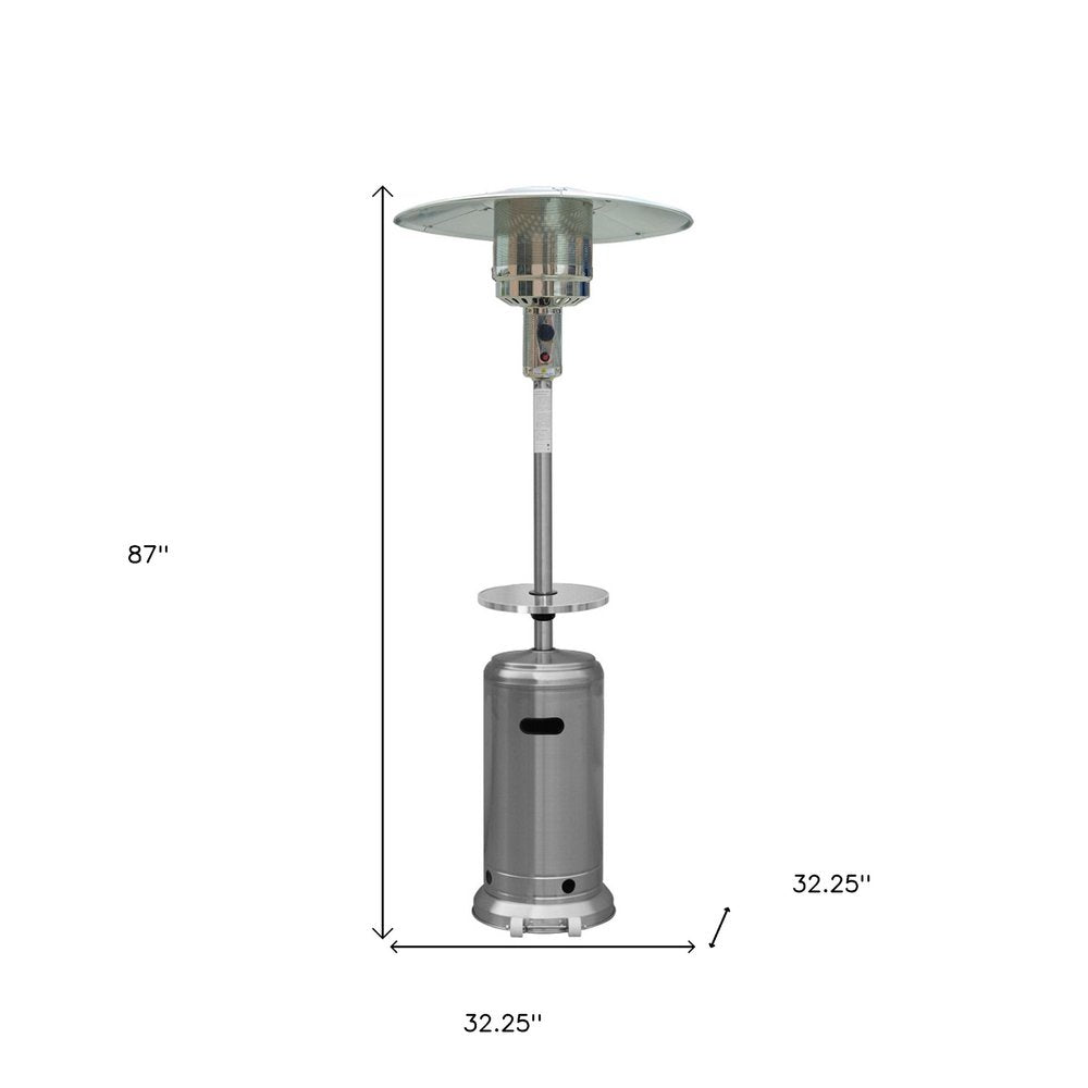 48000 BTU Silver Steel Propane Cylindrical Pole Standing Patio Heater - SKU 480565. Outdoor heater isolated on a plain white background, in a silver metal finish.