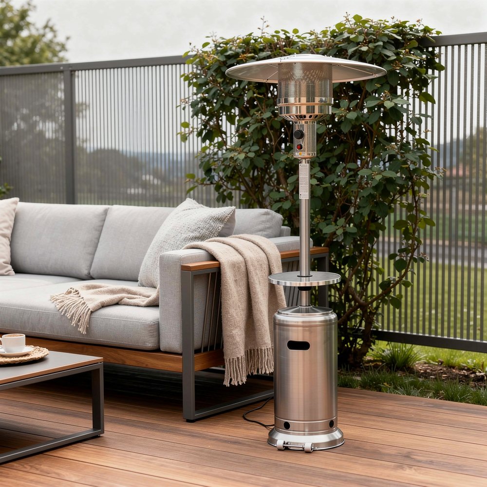 48000 BTU Silver Steel Propane Cylindrical Pole Standing Patio Heater - SKU 480565 styled in a furnished interior with an off-white wall on a wood floor.