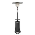 Silver steel propane patio heater with a cylindrical base and a wide reflector top, shown against a white background.
