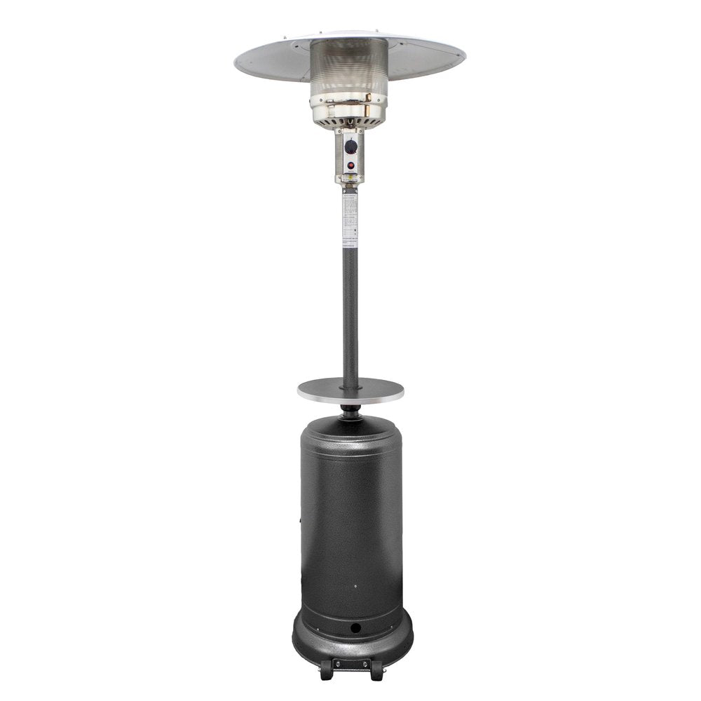 Silver steel propane patio heater with a cylindrical base and a wide reflector top, shown against a white background.