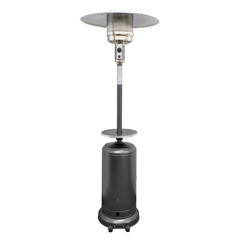 48000 BTU Silver Steel Propane Cylindrical Pole Standing Patio Heater - SKU 480568. Outdoor heater isolated on a plain white background, in a silver metal finish.