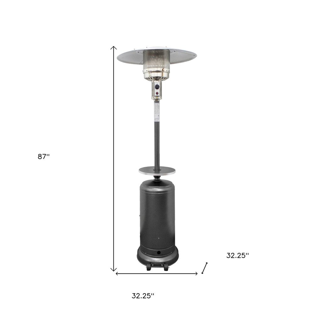 48000 BTU Silver Steel Propane Cylindrical Pole Standing Patio Heater - SKU 480568. Outdoor heater isolated on a plain white background, finished in silver metal.