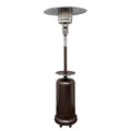 Bronze steel propane patio heater with a cylindrical base and a wide reflector dome, isolated on a white background.