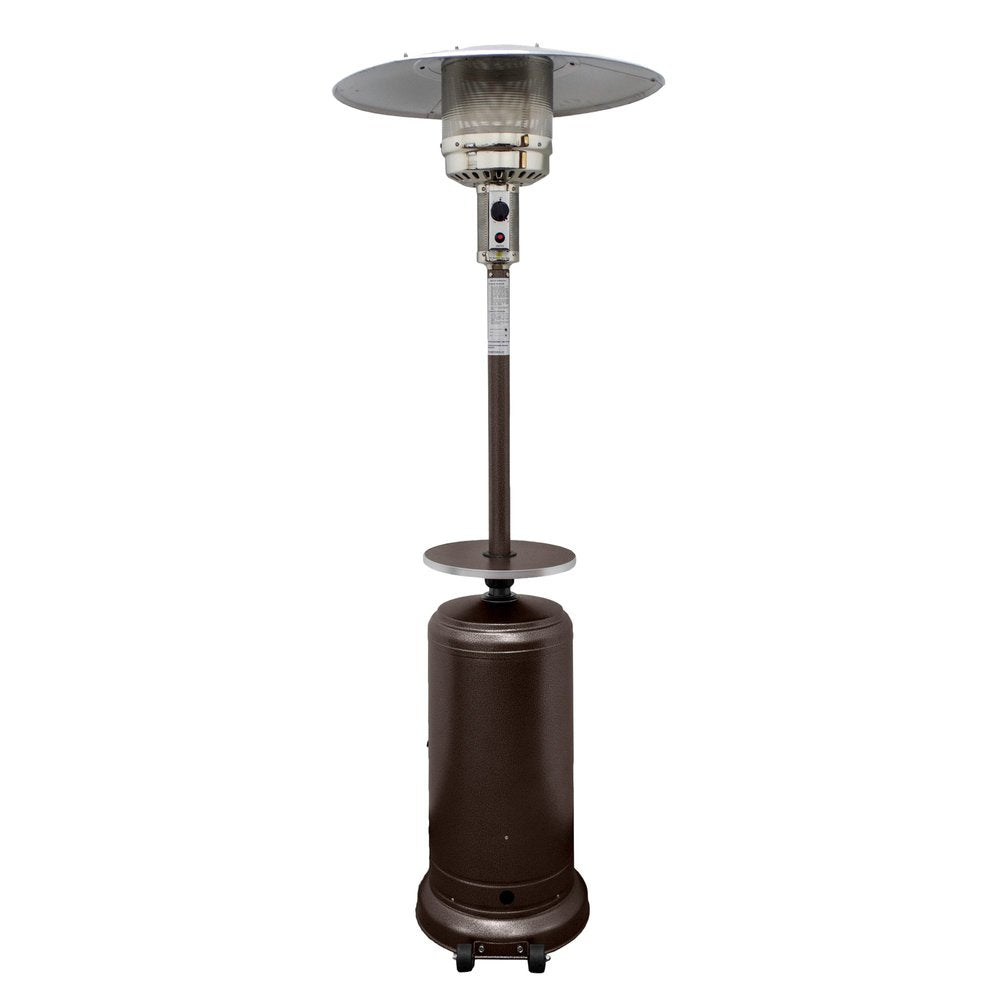 Bronze steel propane patio heater with a cylindrical base and a wide reflector dome, isolated on a white background.