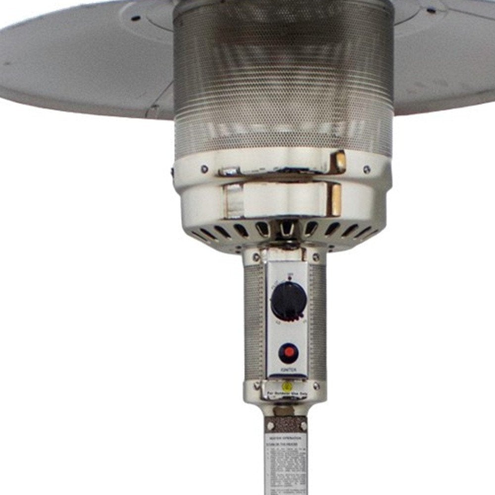48000 BTU Bronze Steel Propane Cylindrical Pole Standing Patio Heater. Outdoor heater isolated on a plain white background, showing a metal surface.