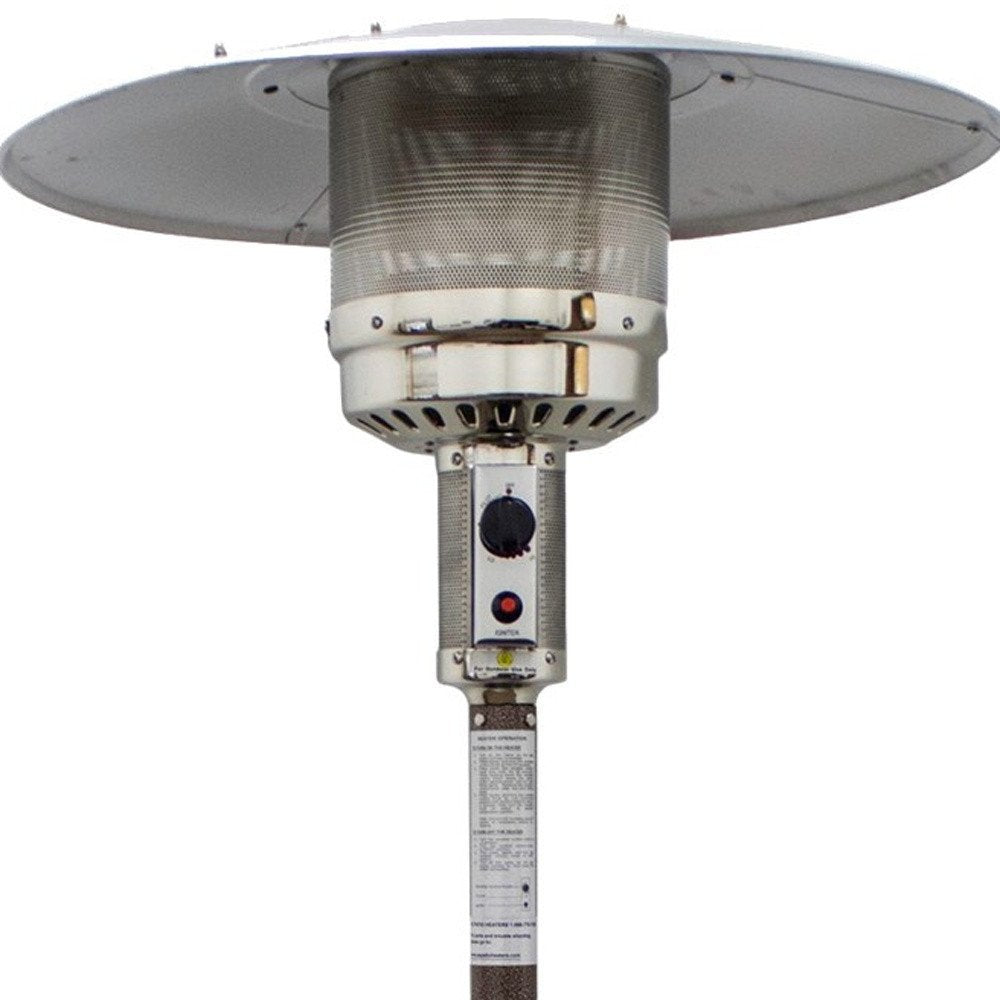 48000 BTU Bronze Steel Propane Cylindrical Pole Standing Patio Heater. Outdoor heater isolated on a plain white background, showing a metal surface.
