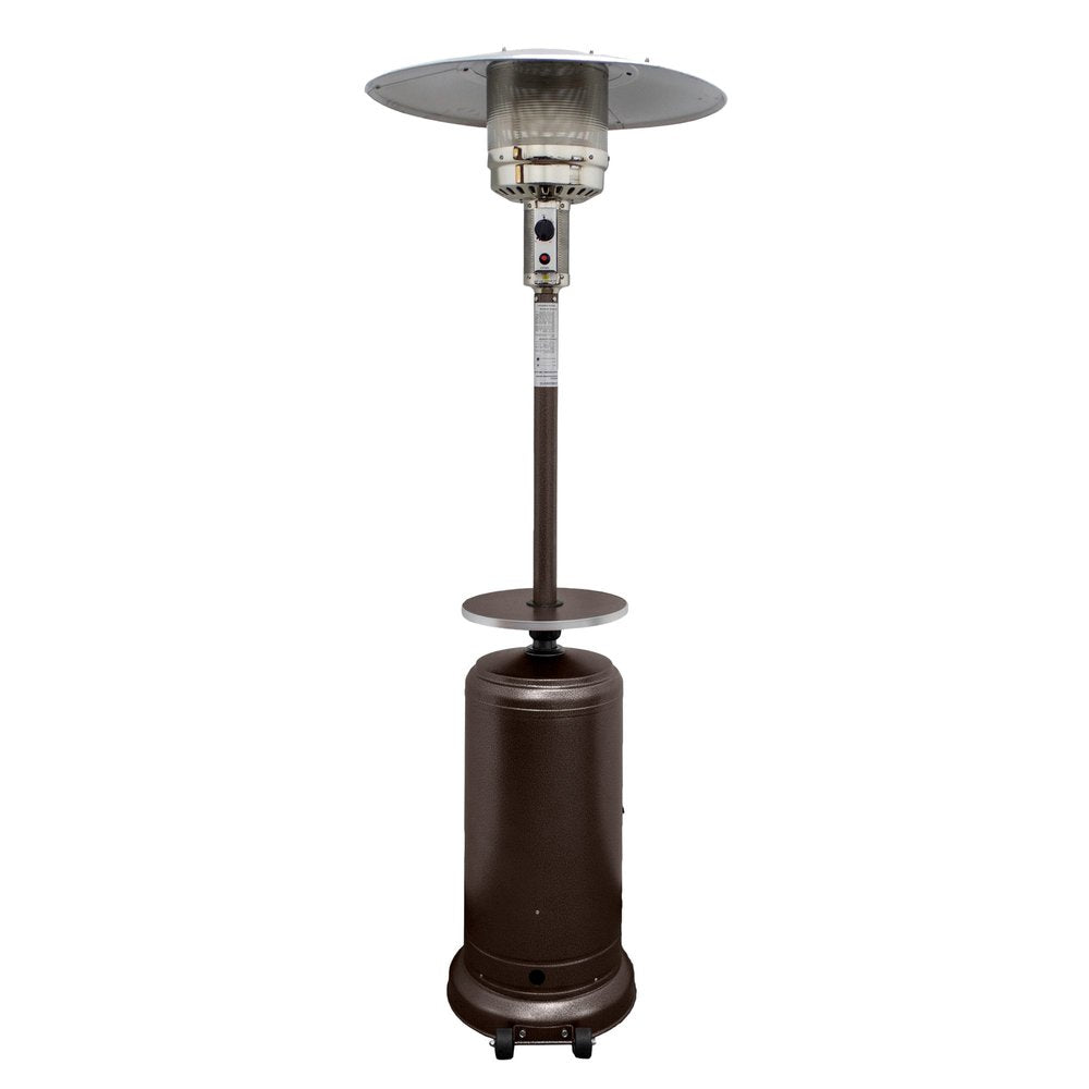 48000 BTU Bronze Steel Propane Cylindrical Pole Standing Patio Heater. Outdoor heater isolated on a plain white background, showing a metal surface.