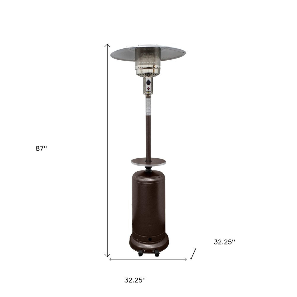 48000 BTU Bronze Steel Propane Cylindrical Pole Standing Patio Heater. Outdoor heater isolated on a plain white background, showing a metal surface.