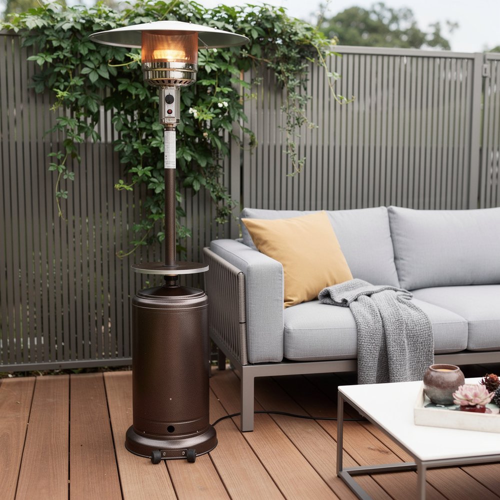 48000 BTU Bronze Steel Propane Cylindrical Pole Standing Patio Heater shown outdoors on a patio with greenery.