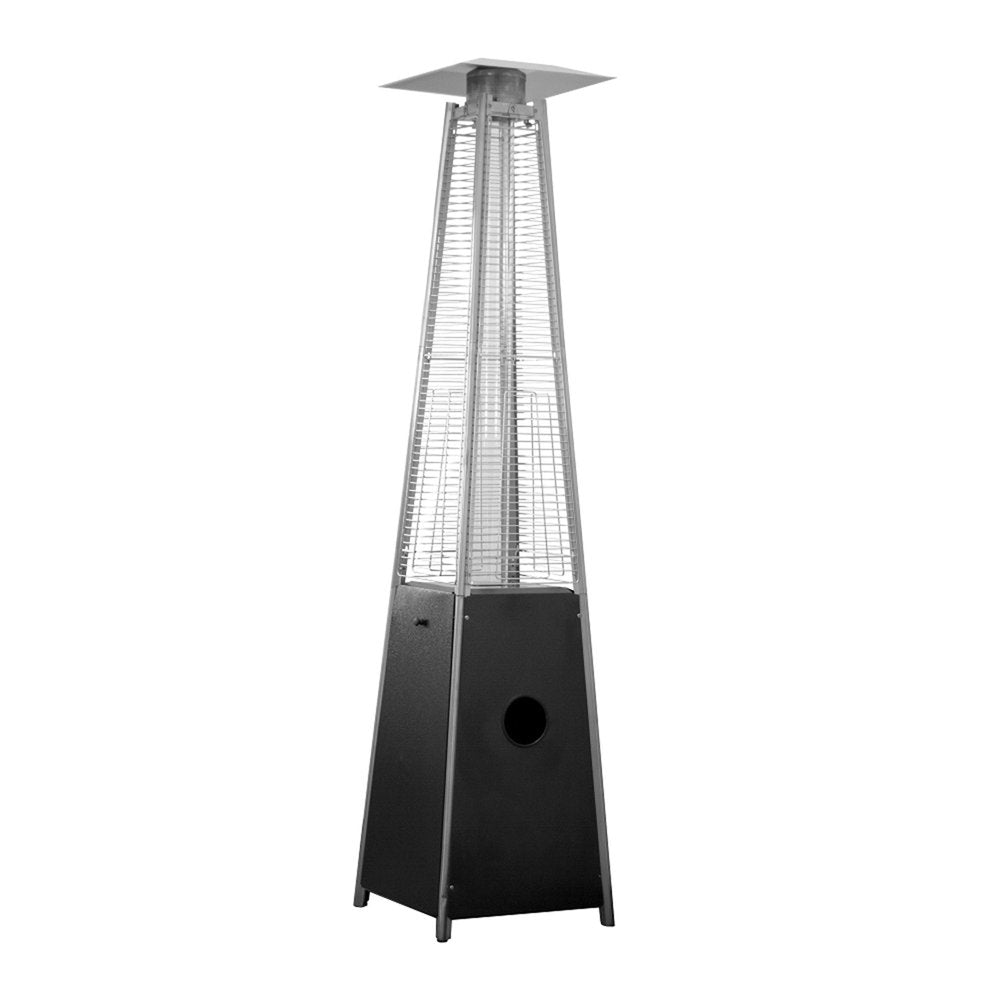 Black steel triangular pyramid patio heater with a wire mesh enclosure and a square top, isolated on a white background.