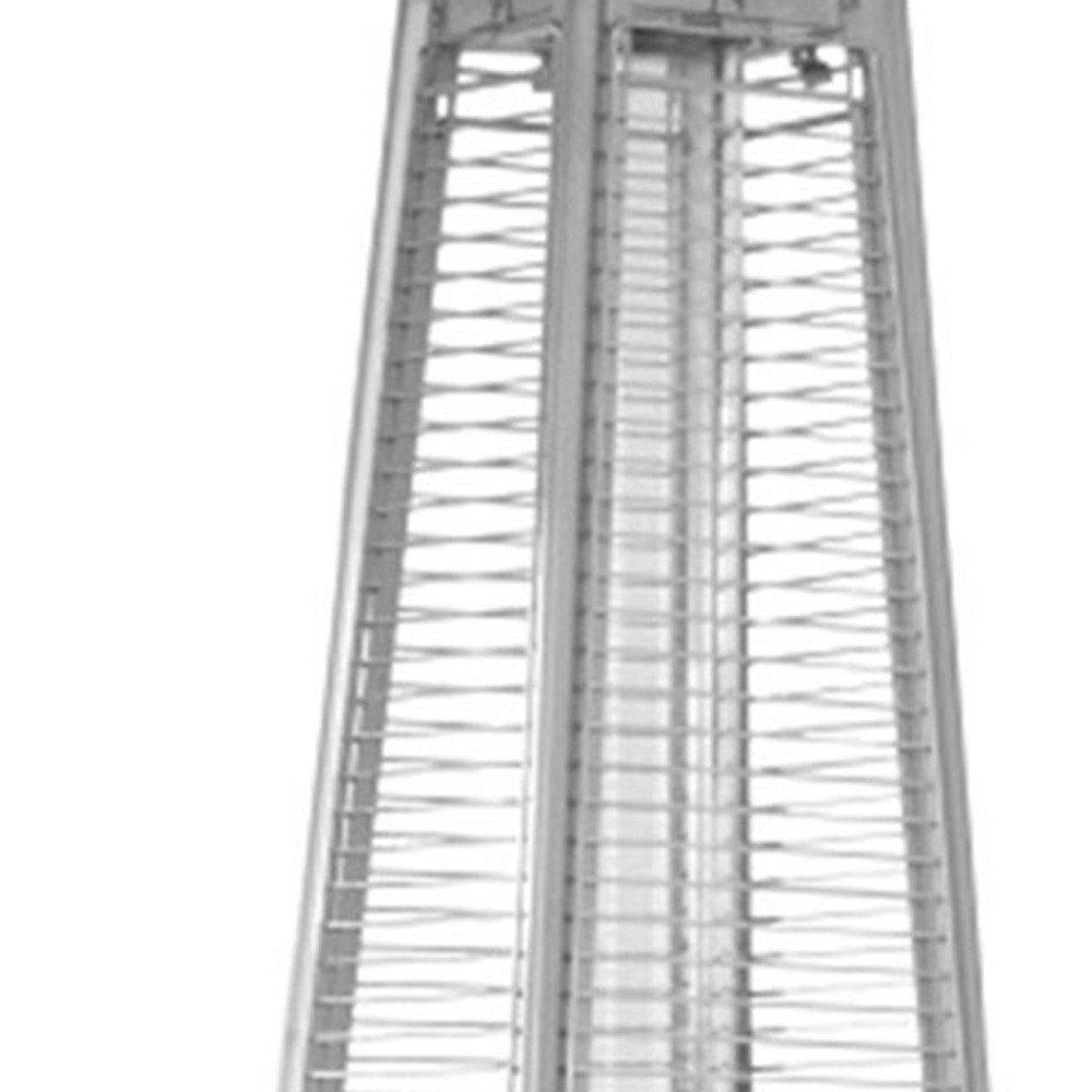 41000 BTU Black Steel Propane Triangular Pyramid Standing Patio Heater. Outdoor heater isolated on a plain white background, showing a metal surface.