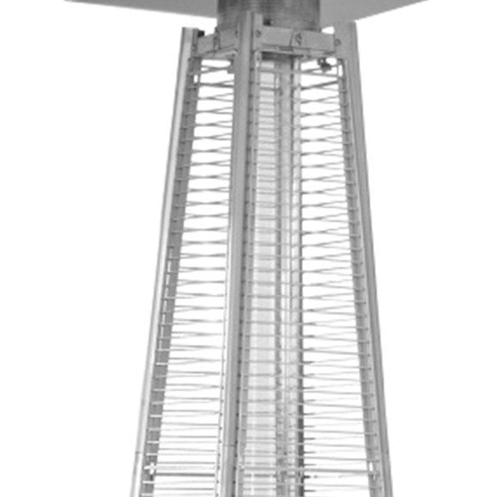41000 BTU Black Steel Propane Triangular Pyramid Standing Patio Heater. Outdoor heater isolated on a plain white background, showing a metal surface.