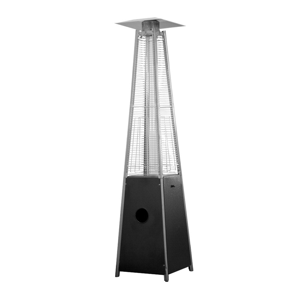 41000 BTU Black Steel Propane Triangular Pyramid Standing Patio Heater. Outdoor heater isolated on a plain white background, finished in black metal.
