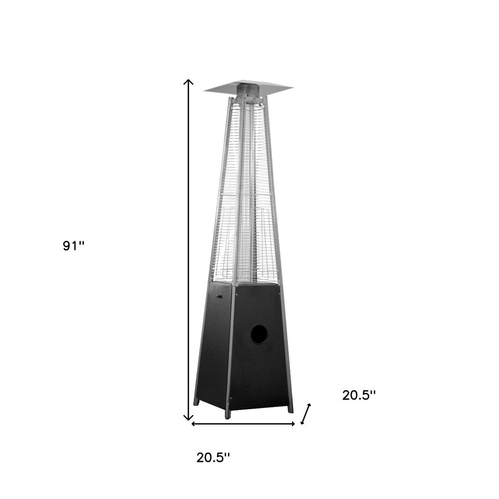 41000 BTU Black Steel Propane Triangular Pyramid Standing Patio Heater. Outdoor heater isolated on a plain white background, showing a black metal surface.