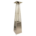 Silver steel triangular pyramid patio heater on a white background.
