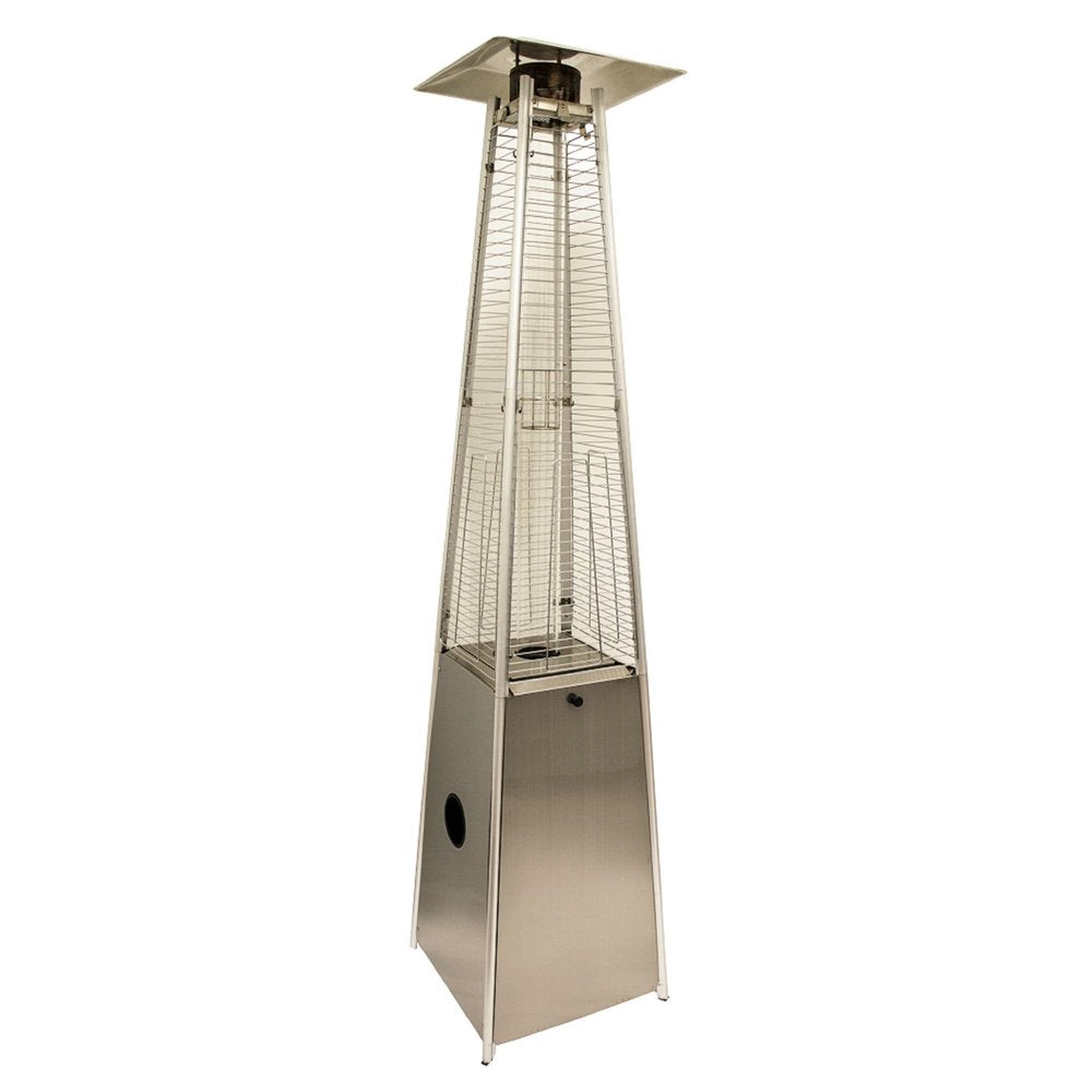 Silver steel triangular pyramid patio heater on a white background.