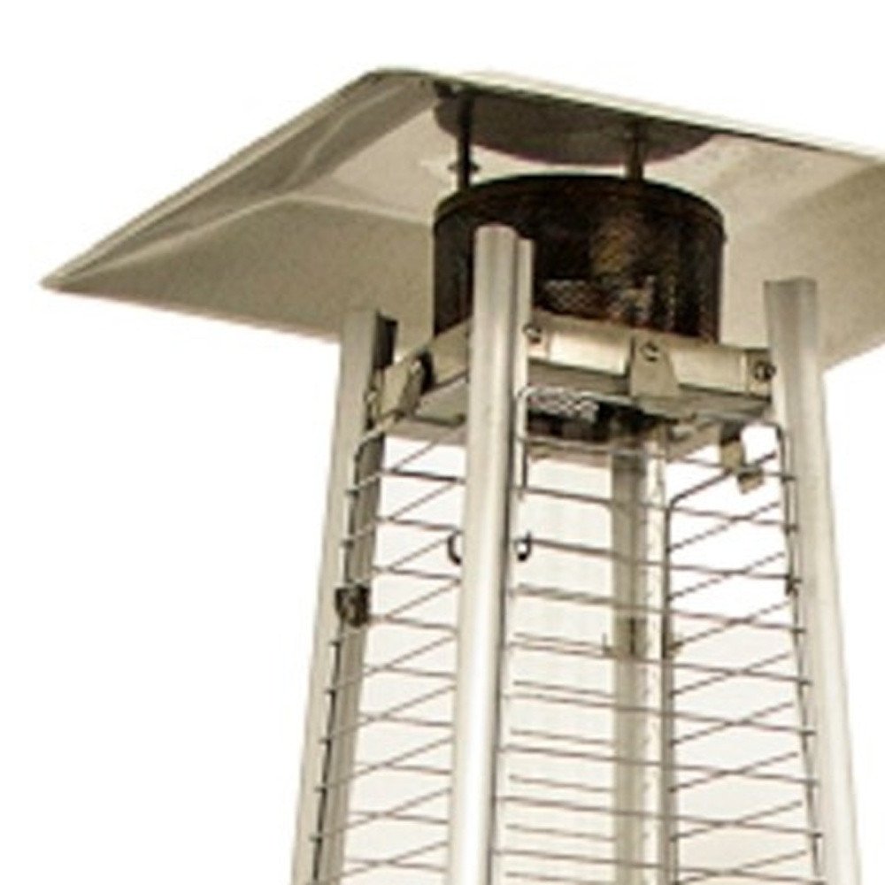 41000 BTU Silver Steel Propane Triangular Pyramid Standing Patio Heater. Outdoor heater isolated on a plain white background, showing a metal surface.