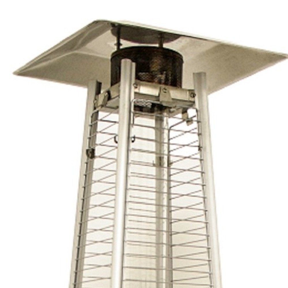 41000 BTU Silver Steel Propane Triangular Pyramid Standing Patio Heater. Outdoor heater isolated on a plain white background, showing a metal surface.