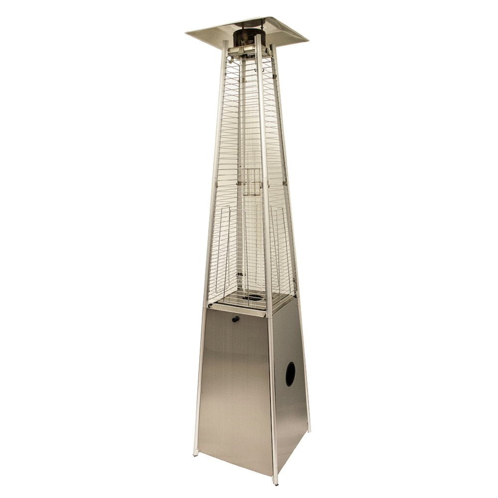41000 BTU Silver Steel Propane Triangular Pyramid Standing Patio Heater. Outdoor heater isolated on a plain white background, showing a metal surface.