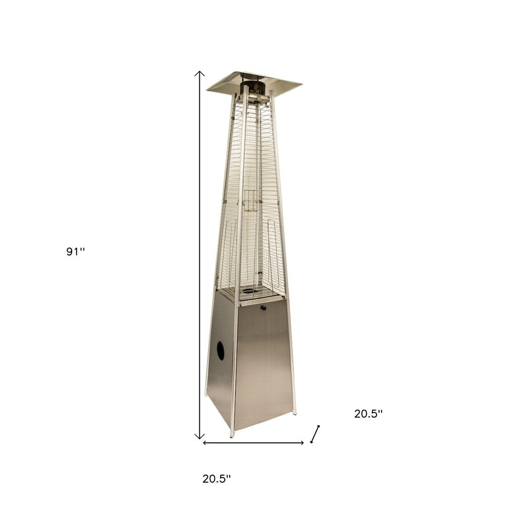 41000 BTU Silver Steel Propane Triangular Pyramid Standing Patio Heater. Outdoor heater isolated on a plain white background, showing a metal surface.