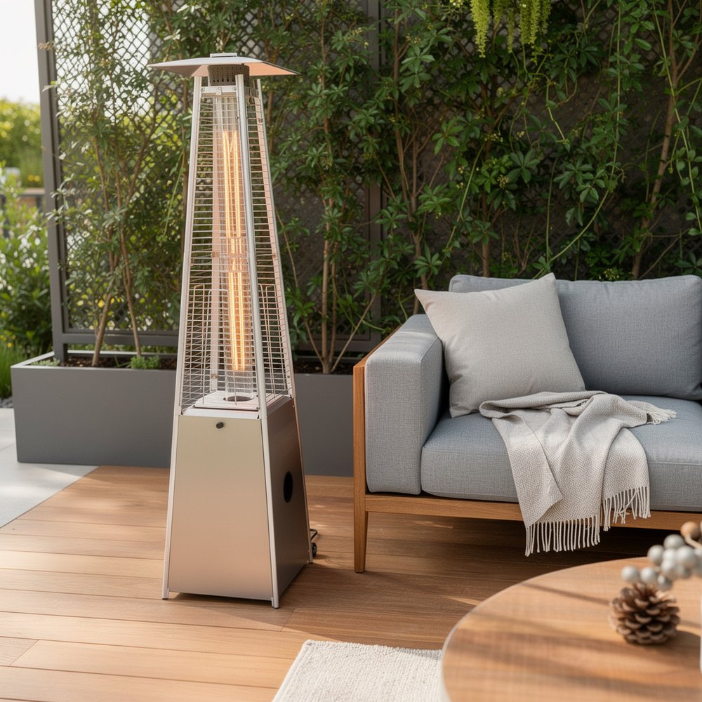 41000 BTU Silver Steel Propane Triangular Pyramid Standing Patio Heater styled in a furnished interior with a olive wall on a wood floor.