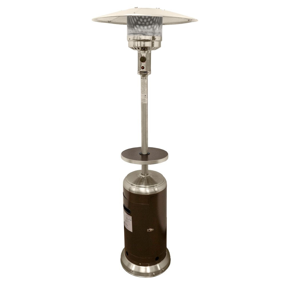 Silver steel propane patio heater with a brown cylindrical base and a cream-colored reflector, shown against a white background.