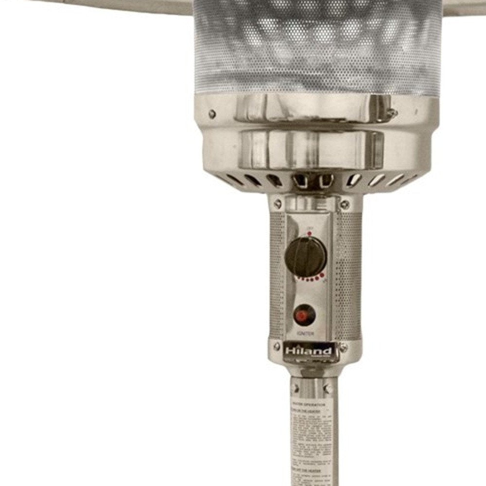 48000 BTU Silver Steel Propane Cylindrical Pole Standing Patio Heater - 87" H x 33.5" W x 33.5" D. Outdoor heater isolated on a plain white background, in a silver metal finish.