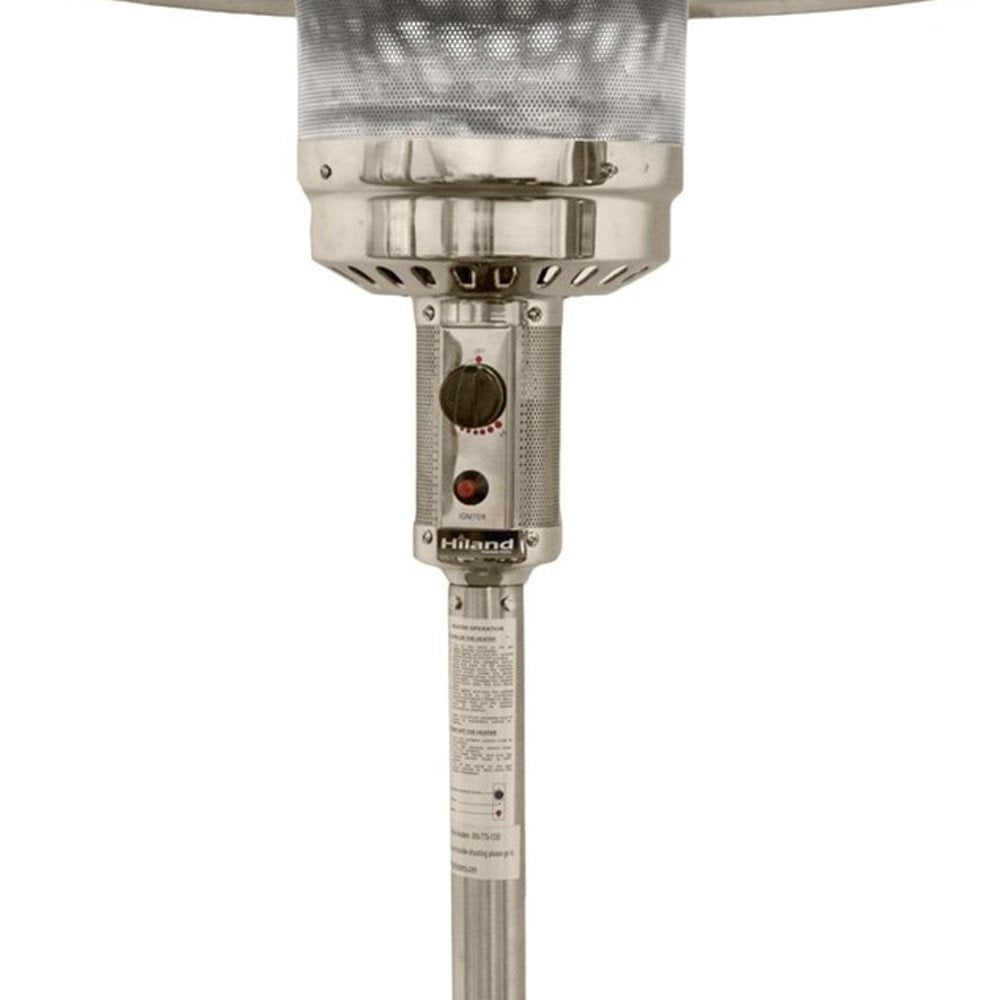 48000 BTU Silver Steel Propane Cylindrical Pole Standing Patio Heater - 87" H x 33.5" W x 33.5" D. Outdoor heater isolated on a plain white background, showing a silver metal surface.