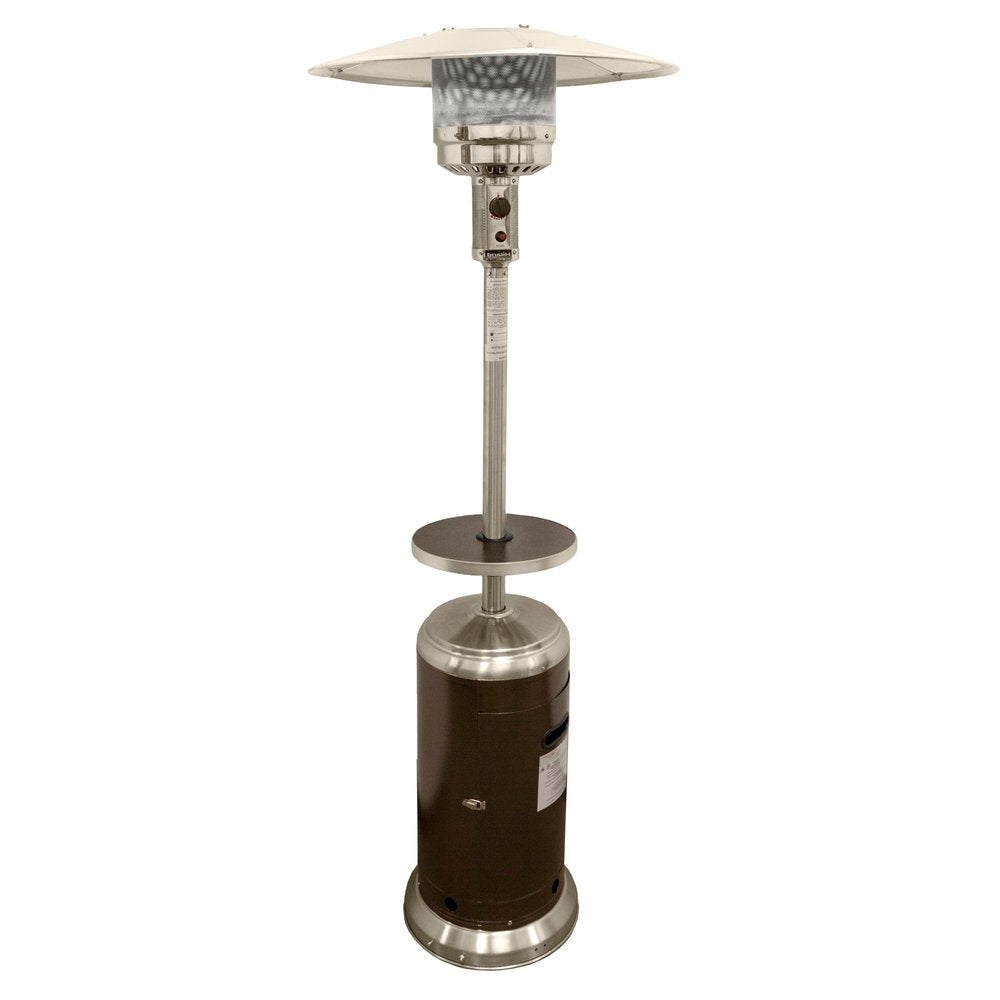 48000 BTU Silver Steel Propane Cylindrical Pole Standing Patio Heater - 87" H x 33.5" W x 33.5" D. Outdoor heater isolated on a plain white background, showing a metal surface.