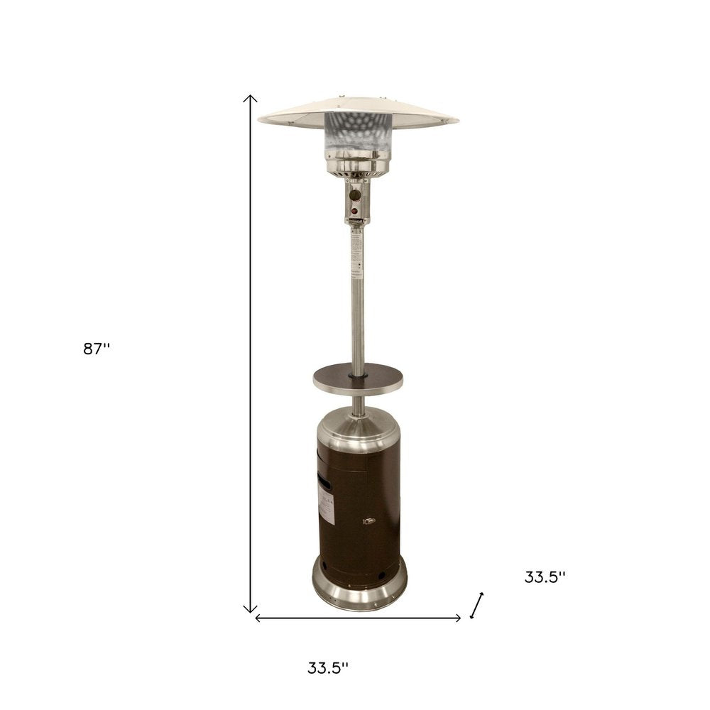 48000 BTU Silver Steel Propane Cylindrical Pole Standing Patio Heater - 87" H x 33.5" W x 33.5" D. Outdoor heater isolated on a plain white background, finished in silver metal.