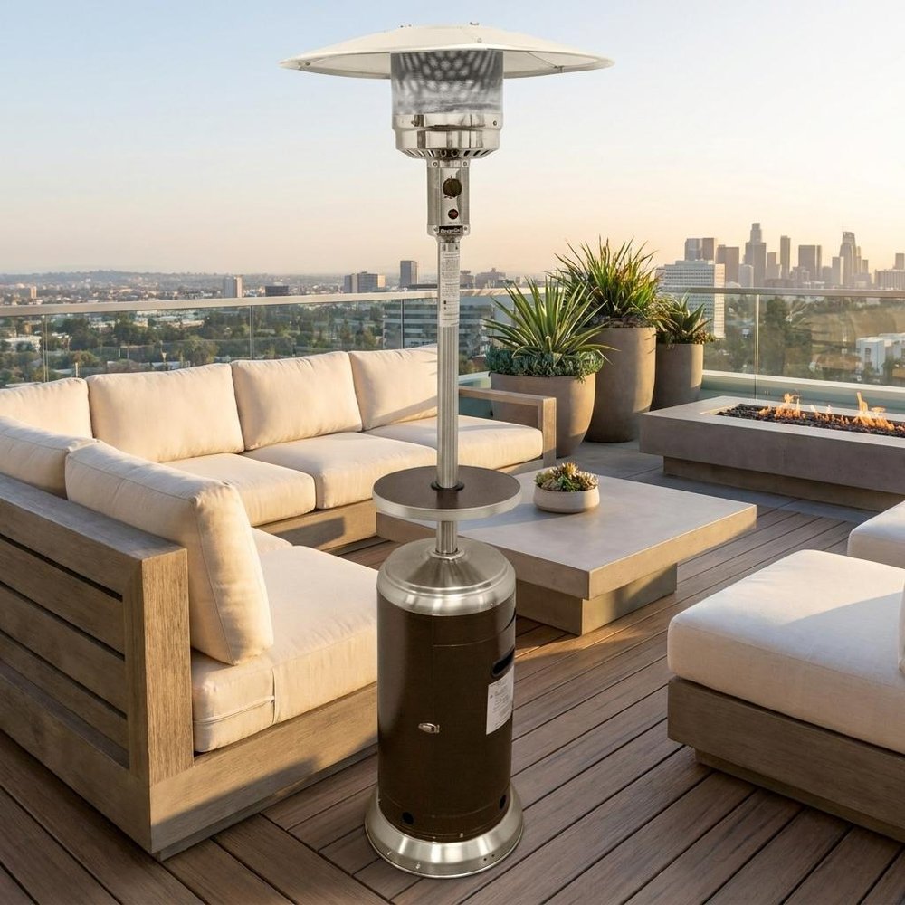 48000 BTU Silver Steel Propane Cylindrical Pole Standing Patio Heater - 87" H x 33.5" W x 33.5" D.