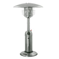 Silver steel patio heater with a cylindrical pole and base, on a white background.