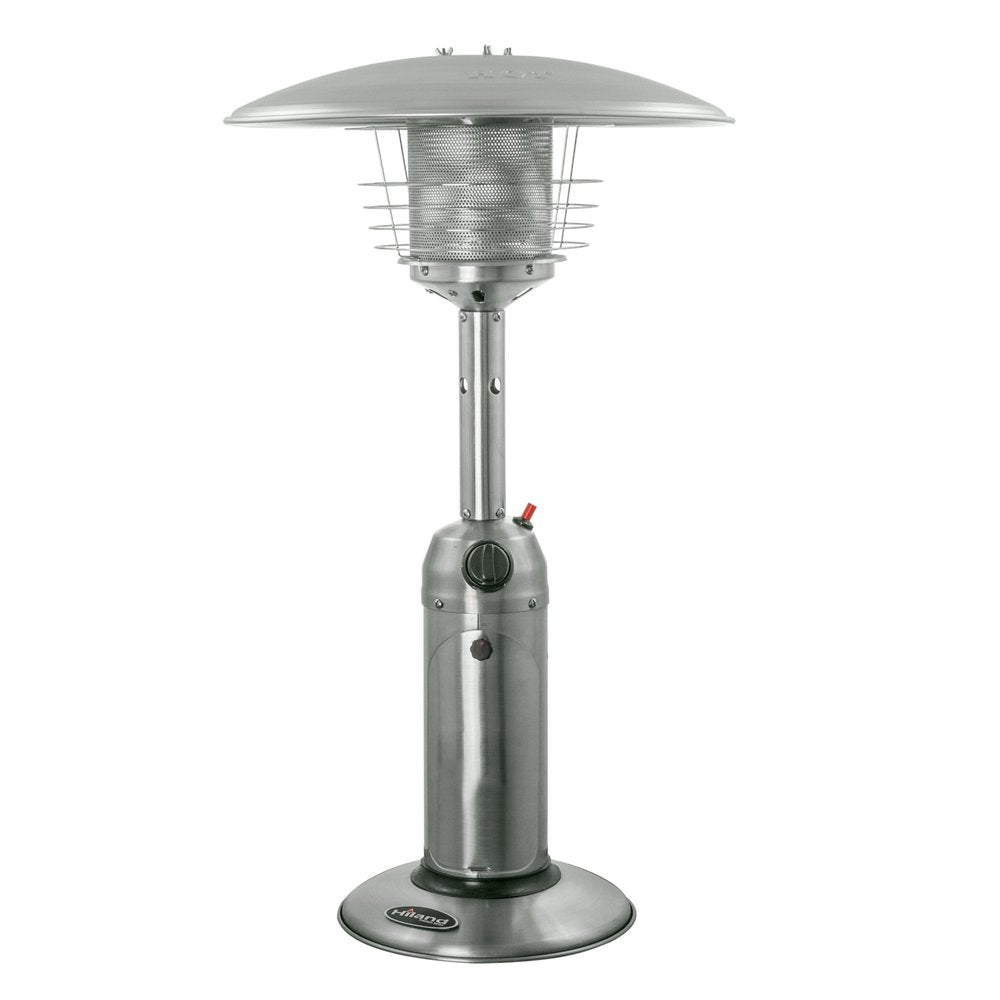 Silver steel patio heater with a cylindrical pole and base, on a white background.