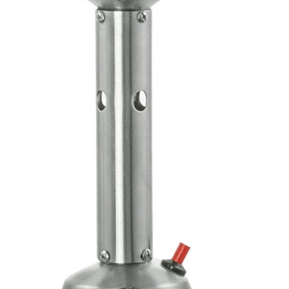 11000 BTU Silver Steel Propane Cylindrical Pole Tabletop Patio Heater - SKU 480579. Outdoor heater isolated on a plain white background, showing a silver metal surface.