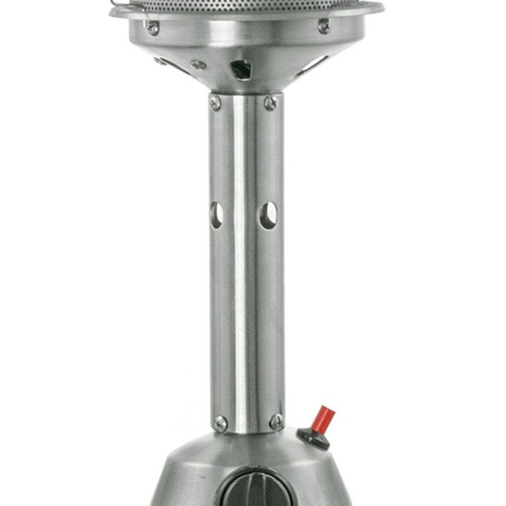 11000 BTU Silver Steel Propane Cylindrical Pole Tabletop Patio Heater - SKU 480579. Outdoor heater isolated on a plain white background, finished in silver metal.