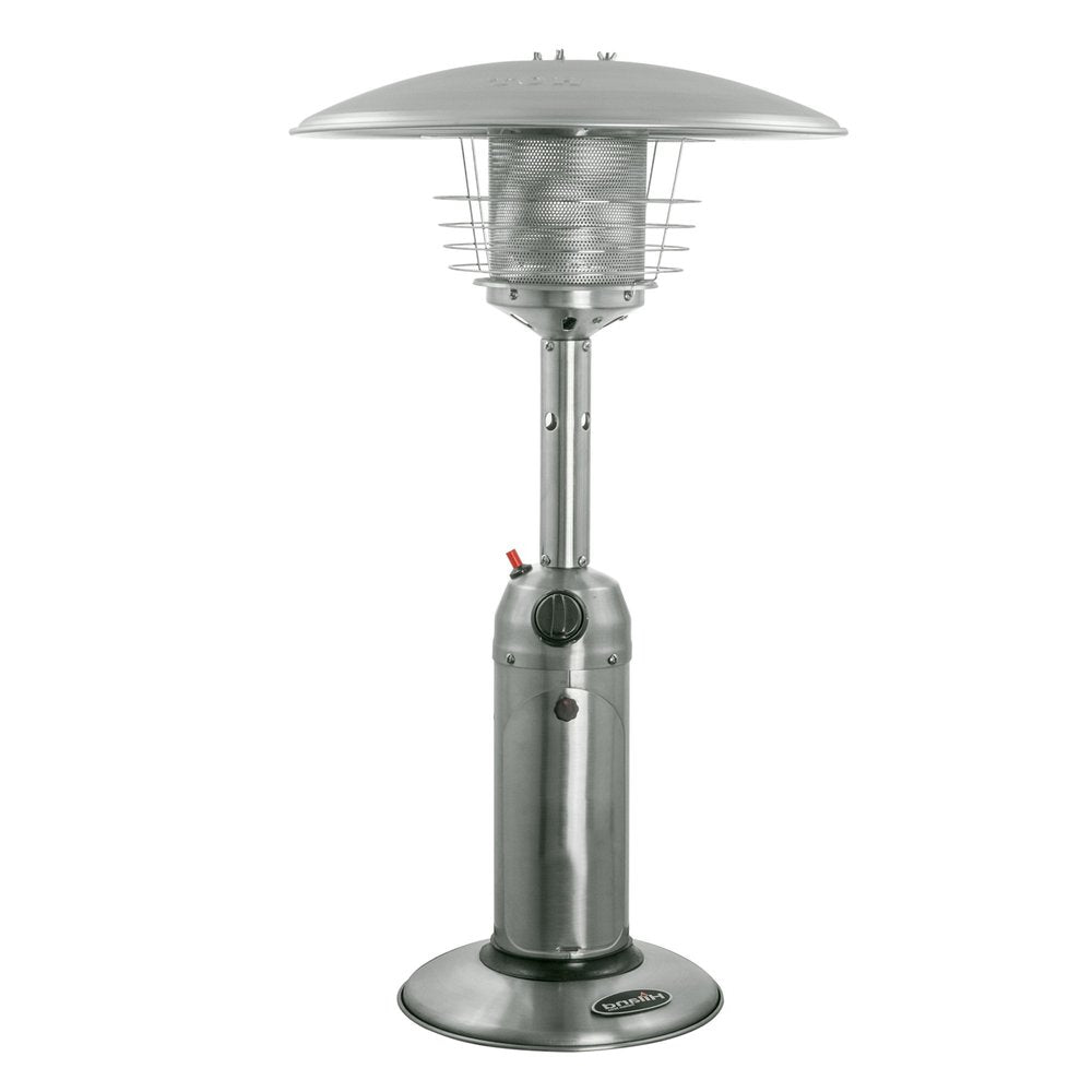 11000 BTU Silver Steel Propane Cylindrical Pole Tabletop Patio Heater - SKU 480579. Outdoor heater isolated on a plain white background, showing a silver metal surface.