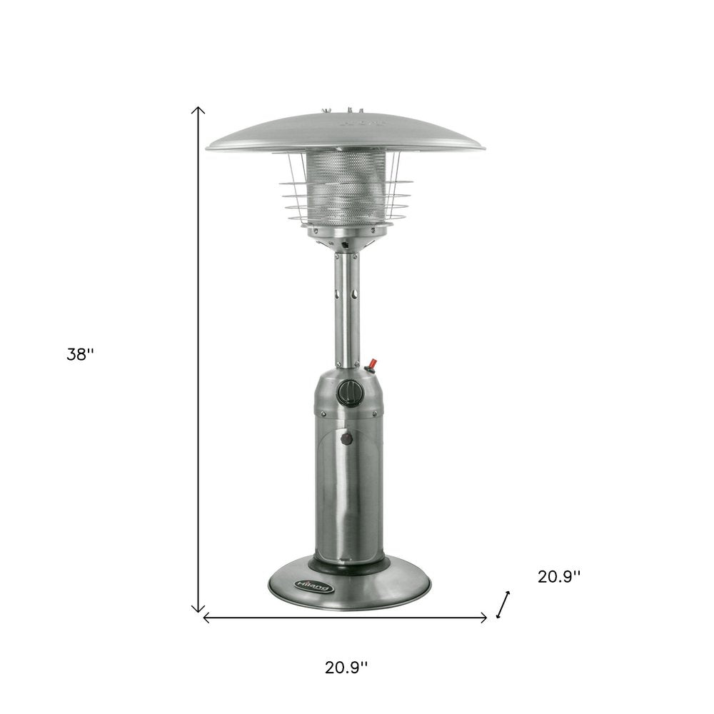 11000 BTU Silver Steel Propane Cylindrical Pole Tabletop Patio Heater - SKU 480579. Outdoor heater isolated on a plain white background, in a silver metal finish.