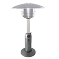 Silver steel propane patio heater with a cylindrical pole and a wide base, set against a white background.