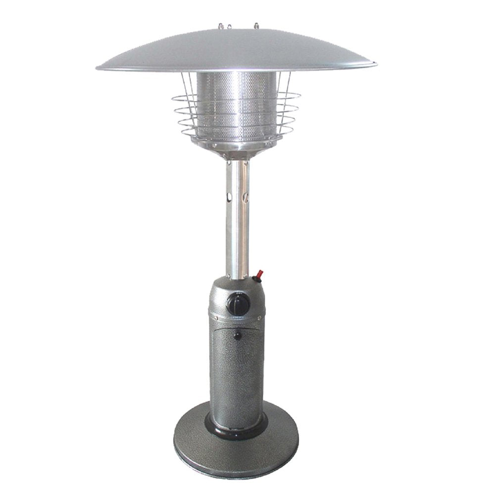 Silver steel propane patio heater with a cylindrical pole and a wide base, set against a white background.