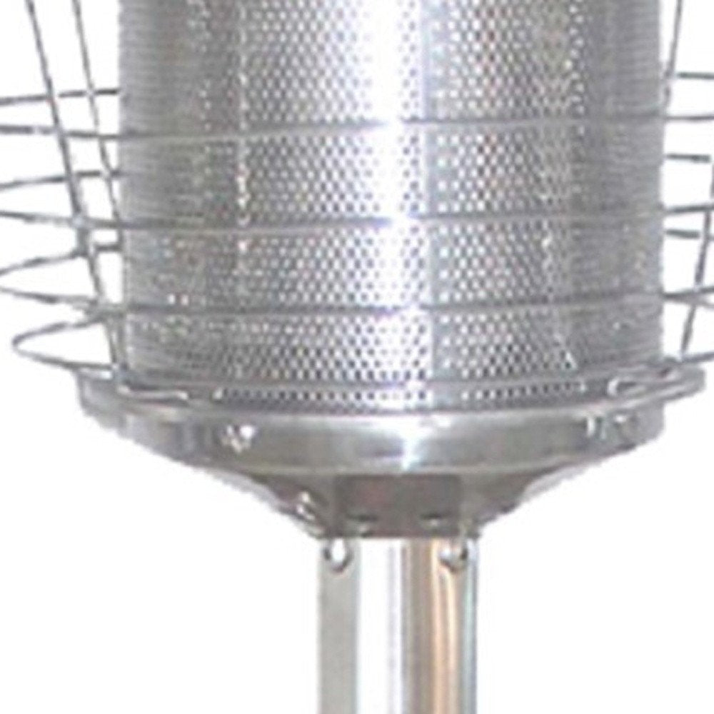 11000 BTU Silver Steel Propane Cylindrical Pole Tabletop Patio Heater - SKU 480580. Outdoor heater isolated on a plain white background, finished in silver metal.
