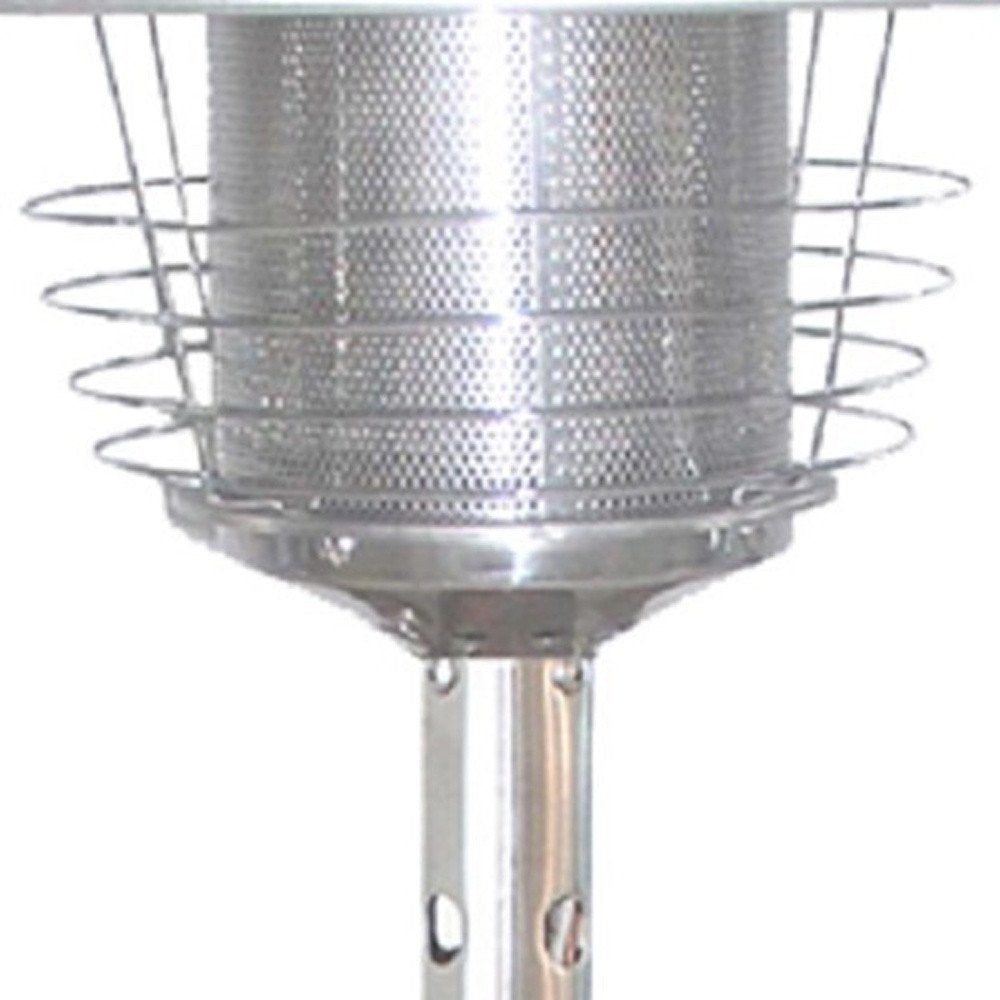 11000 BTU Silver Steel Propane Cylindrical Pole Tabletop Patio Heater - SKU 480580. Outdoor heater isolated on a plain white background, showing a silver metal surface.