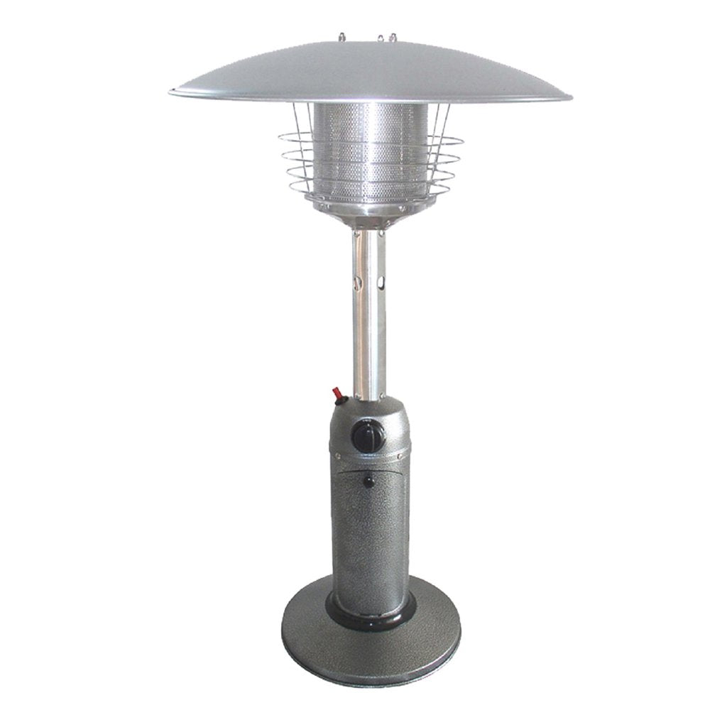11000 BTU Silver Steel Propane Cylindrical Pole Tabletop Patio Heater - SKU 480580. Outdoor heater isolated on a plain white background, finished in silver metal.