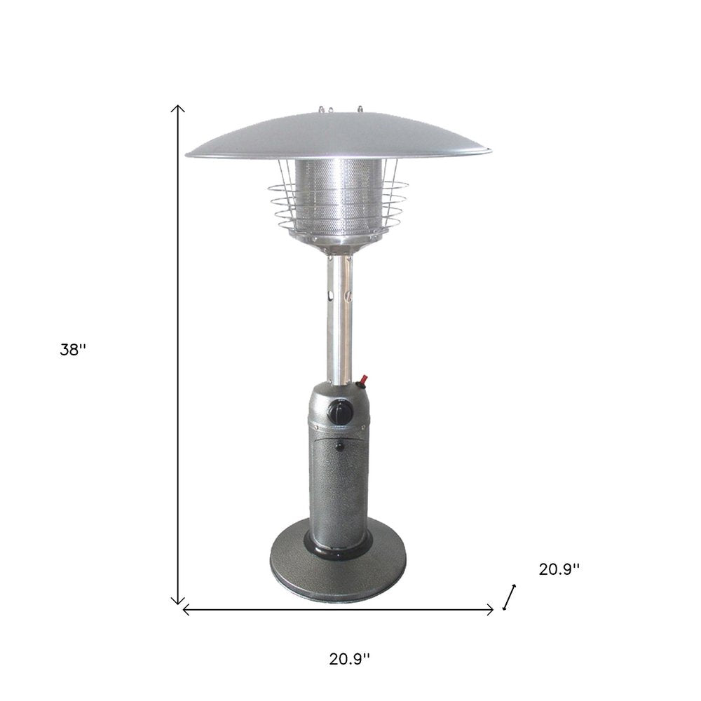 11000 BTU Silver Steel Propane Cylindrical Pole Tabletop Patio Heater - SKU 480580. Outdoor heater isolated on a plain white background, showing a silver metal surface.