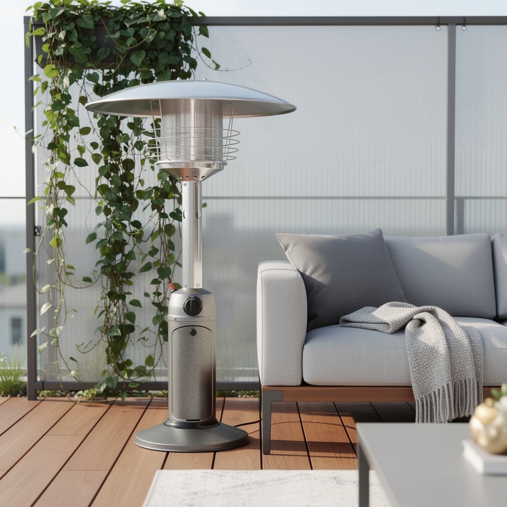 11000 BTU Silver Steel Propane Cylindrical Pole Tabletop Patio Heater - SKU 480580. Outdoor heater isolated on a plain white background, in a silver metal finish.