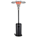 Black steel propane patio heater with a silver reflector and visible flames on a white background.